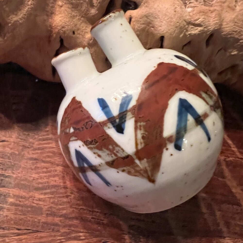 Vintage Bohemian Japanese Stoneware Double Bud Vase With Abstract Brown & Blue D